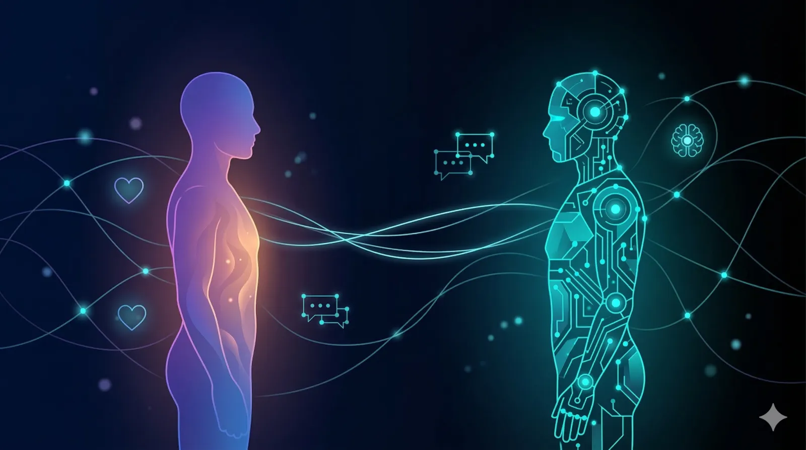 Человек и ИИ — два силуэта лицом к лицу